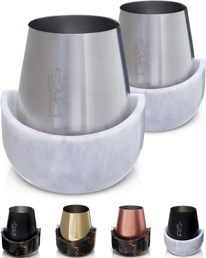 Gusto Nostro White Marble Wine Chiller for Glass and Stainless Steel Tumbler Set of 2 - Freezable Wine Glass Chiller Holder - Cool Set of Chillers and Stemless Metal Wine Tumblers for HomeBar (Silver)