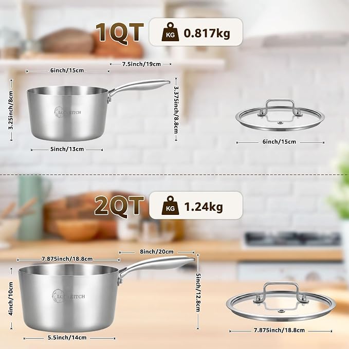 LOLYKITCH 1QT & 2QT Stainless Steel Saucepan Set with Glass Lids | Tri-Ply | Uncoated | Heavy Bottom | Cooking Pots | Metal Sauce Pans for Induction Cooktop | Ergonomic Handle