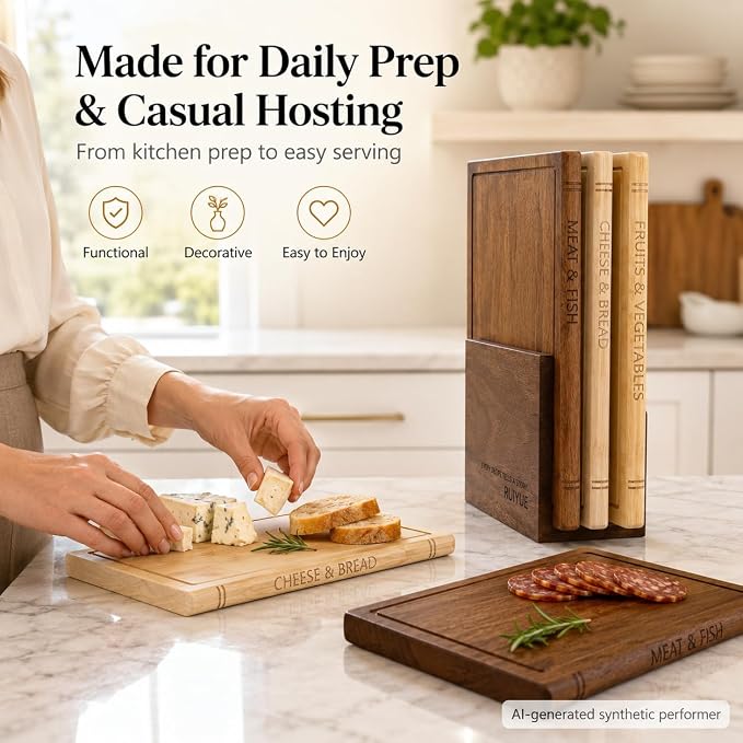 Book Shaped Cutting Board Set, 3 Boards, 13 x 10 x 0.8 Inches, Walnut Stand | Natural Maple, Sapele and Bamboo, Food-Safe Wax Oil Finish, Knife-Friendly Surfaces, Upright Display and Gift for Book Lovers
