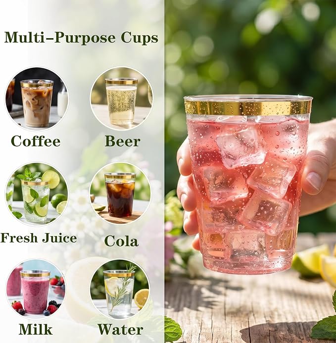 DaYammi 200 Pack Gold Plastic Cups 10 Oz Clear Cup Gold Rimmed Disposable Wine Glasses Fancy Disposable Party Cups Tumblers Drinking Cup Plastic Cocktail Glasses gold disposable cups for Party Wedding