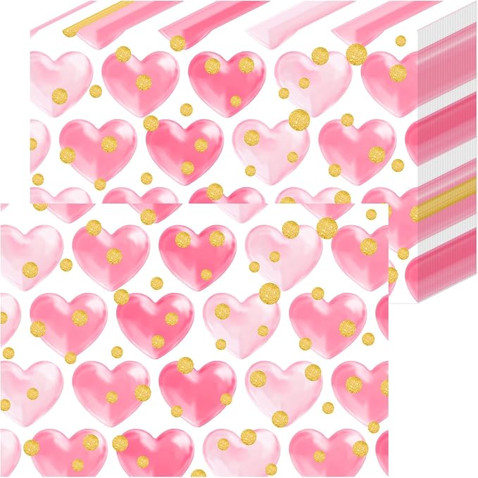 Sweet Hearts Valentine's Day Placemats, 50 Count Disposable Table Mats | Pink Heart Yellow Dots Anniversary, Wedding Party Dinner Romantic Dining Decor