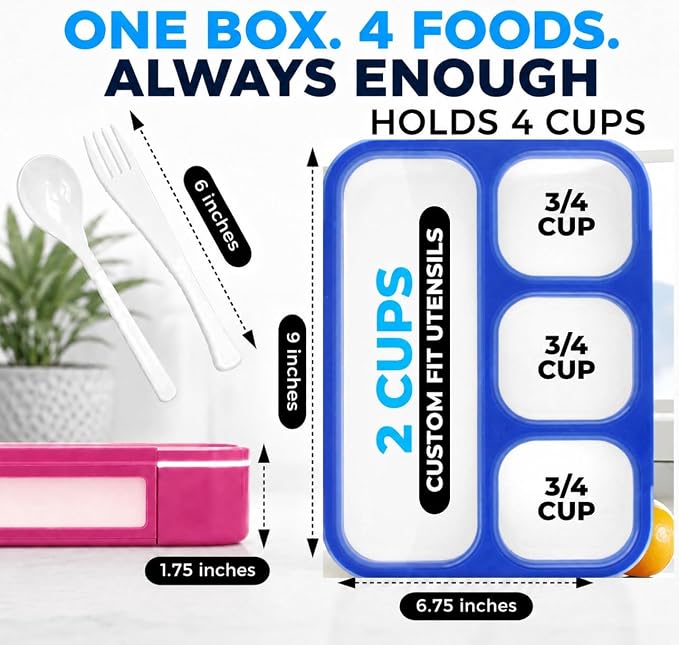 kinsho Bento Lunch Box for Kids Adults, 4 Sealed Divided Compartments, Portion Control Meal or Snack Containers for Boys Girls Women Men, School Work BPA Free with Utensils, Blue + Rose Pink 2 Pack