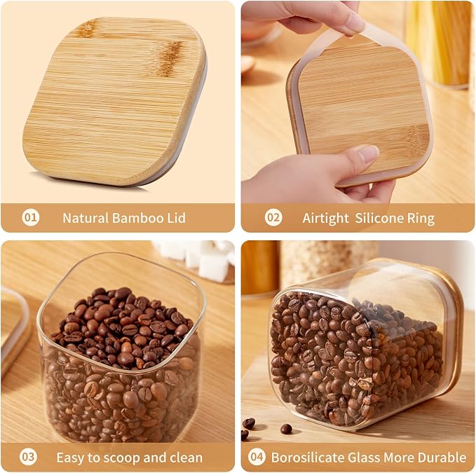 Square Glass Food Storage Jars with Lids 2.47 Qt [Set of 3], Perfect for Pasta, Cookies, Nuts, Coffee, Cereal, Flour, Organize Your Kitchen and Pantry with BPA-Free Glass Jars with Canisters