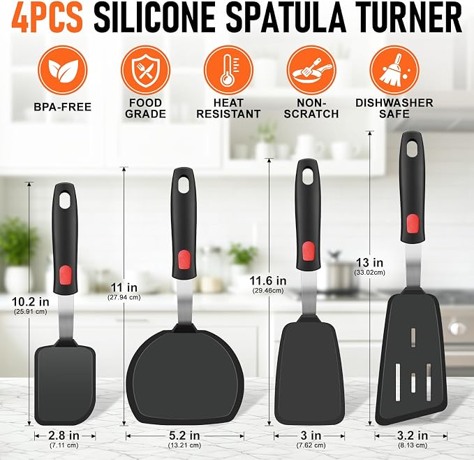 4Pcs Silicone Spatula Turner Set, Heat Resistant Silicone Spatula for Nonstick Cookware, BPA Free Kitchen Cooking Utensils Set, Flexible Spatula Turner for Flipping Eggs, Burger, Fish, Pancake