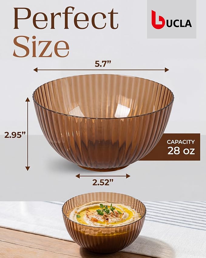 bUCLA 12 PCS Plastic Cereal Bowls Set - 28 Oz Clear Brown Disposable Vertical Stripes Serving Bowls for Snack, Salad, Dessert & Fruit