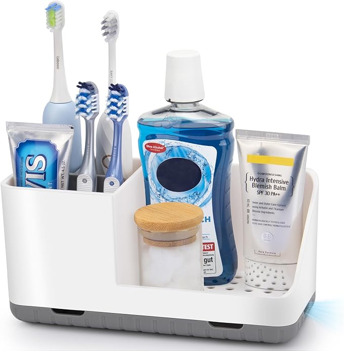 Toothbrush Holders for Bathrooms, Toothbrush and Toothpaste Holder (Grey) | Easy To Clean, Drainage, Non-Slip, Detachable, Kids Electric Toothbrush Organizer for Bathrooms Countertop Organizer