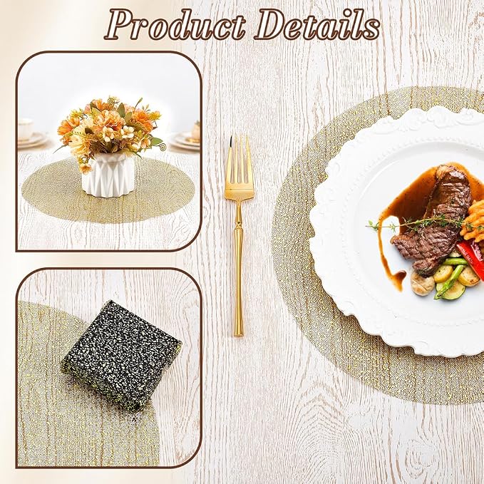 120PCS Disposable Gold Placemats Set, 13 in Black Gold Foil Table Mat Bulk | Metallic Mesh Pressed Round Charger Doilies for Table, Paper Placemats for Wedding Birthday Dining Party Home Decor