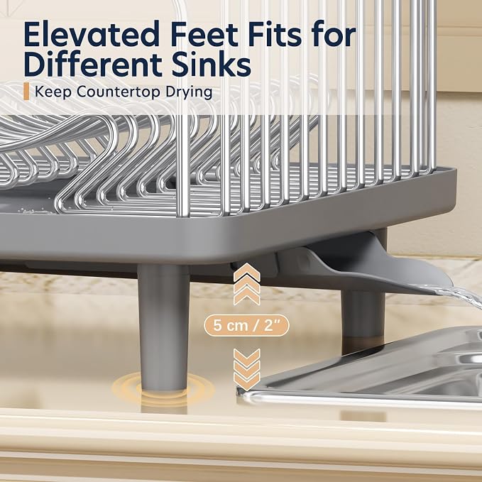 KINGRACK Stainless Steel Dish Drying Rack with Cup Holder for Counter, Grey | 16.9"L x 12.4" W Dish Rack with Spacious Drying Capacity, Quick Auto Dish Drainer for Plate Dish Dinnerware，Sliver