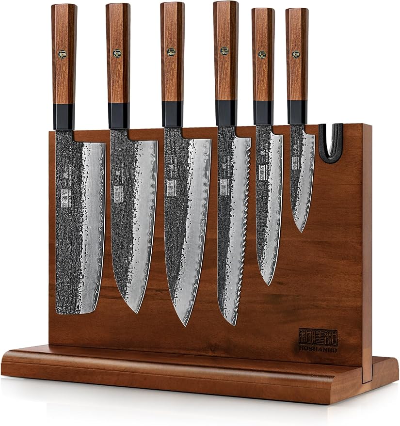 HOSHANHO 7 Pcs Knife Set with Magnetic Knife Block, Ultra Sharp Knife Set | Hand Forged 9 Layers 10CR15MOV High Carbon Steel Kitchen Knife Set, Japanese Chef Knife Set with Ergonomic Rosewood Handle