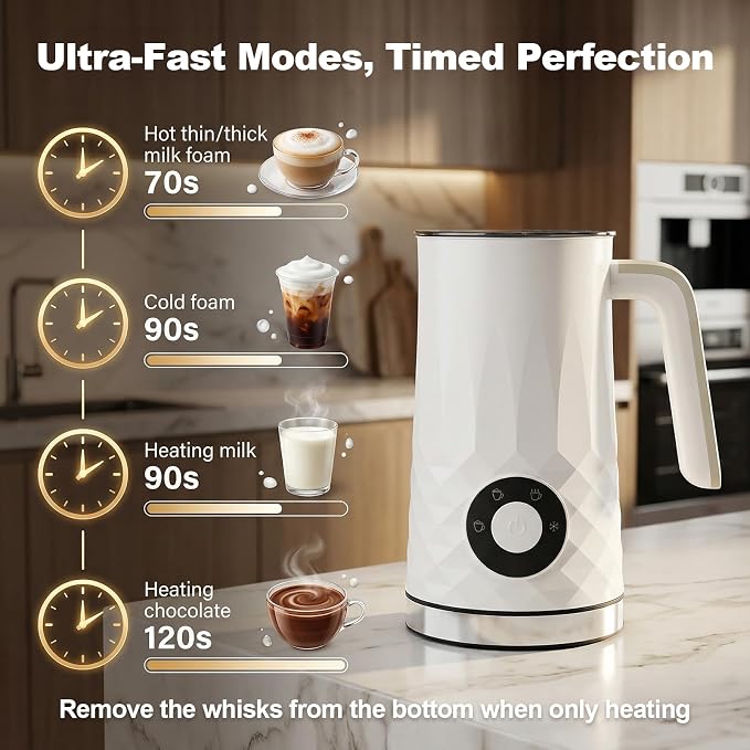 Milk Frother and Steamer, 4 in 1 Automatic Hot and Cold Foam Maker | 11.8oz Milk Warmer for Latte, Cappuccino, Hot Chocolate, Dishwasher Safe