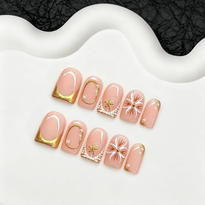 Flower Press on Nails Luxury 3D Pearl Starfish Embossed Designs Salon Quality False Nails Full Cover Short Square Acrylic Nail Handmade Press on Nails Golden French Tip Stick on Nail for Women (S)