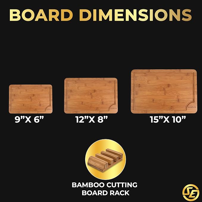 SliceElite Rich Brown Carbonized Bamboo Cutting Board Set 3 Piece Kitchen Boards with Deep Juice Groove Non Slip Silicone Feet Space Saving Rack Stand for Chopping Serving Meal Prep and Charcuterie