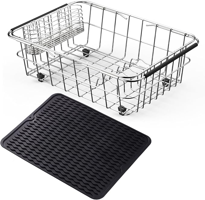 NiuYichee Stainless Steel Dish Drying Rack (15" L X 11" W X 4.1" H), Expandable Fruit & Vegetable Drain Rack Over Sink, Dish Drainer Rack in Sink, with Utensil Holder & Silicone Mat (16")