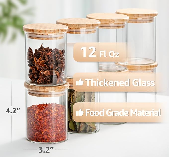 12 Oz Glass Jars with Bamboo Lid 3mm Thick Upgrade Clear (8 Pack) | Airtight, Thickened Glass, For Loose Leaf Tea Spice Herb Seasoning, Kitchen, Pantry, Food Storage Containers