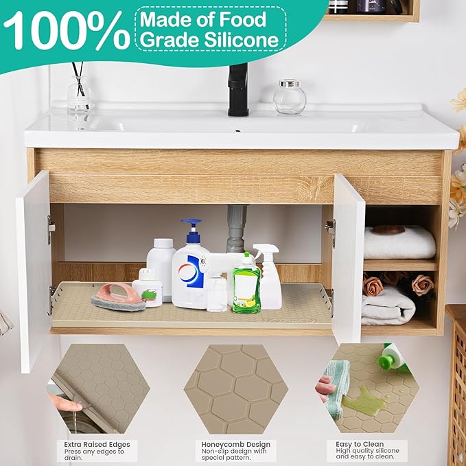 Silicone Under Sink Mat, 28"x19", Waterproof Cabinet Liner, Brown | Shelf Liner, Cabinet Protector, Home Organizer, for Kitchen, Bathroom, Multipurpose, Leak Proof, Easy Clean, Drip Tray, Clean