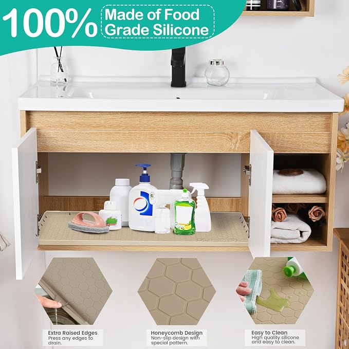Silicone Under Sink Mat, 34"x19", Waterproof Cabinet Liner, Brown | Shelf Liner, Cabinet Protector, Home Organizer, for Kitchen, Bathroom, Multipurpose, Leak Proof, Easy Clean, Drip Tray, Clean