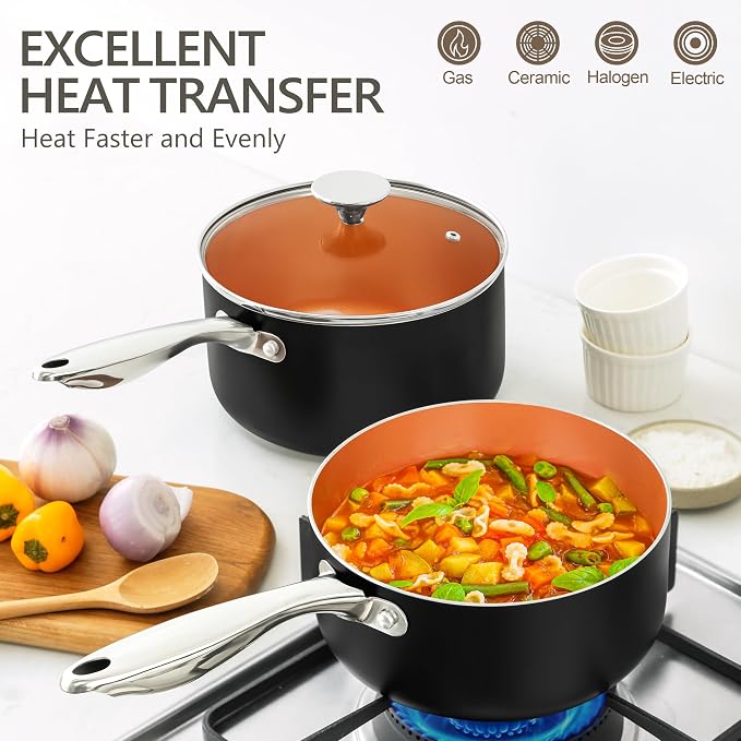 MICHELANGELO 1 Quart Saucepan with Lid, Ultra Nonstick Ceramic Sauce Pan with Lid, Small Pot with Lid, 1 Quart Saucepan Nonstick, Small Sauce Pot, Copper