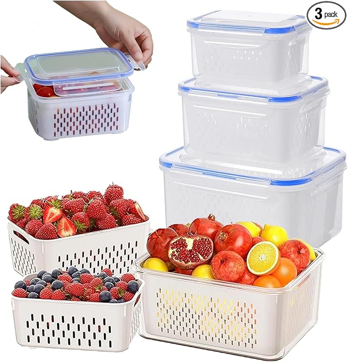 Yuonry 4 in 1 Food Storage Container, Fruit Storage Containers for Fridge, Produce Containers with Lid and Strainer, Including Drain Basket, Multipurpose Large Fruit Container for Fridge(Blue)