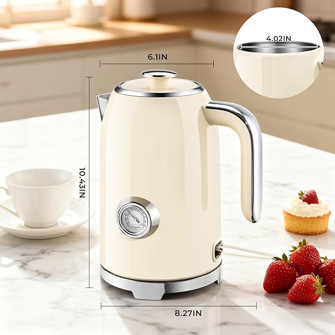 SUSTEAS 57oz Electric Kettle with Thermometer, Hot Water Pot, Beige | Electric Tea Kettle for Boiling Water, 1500W Stainless Steel Pot, Cordless LED Indicator, Auto Shut-Off & Boil Dry Protection