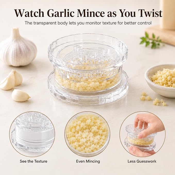 Transparent Manual Garlic Twist, Multi-Functional Mincer & Grinder for Garlic, Onion, Ginger, Herbs, Impact Resistant Kitchen Gadget