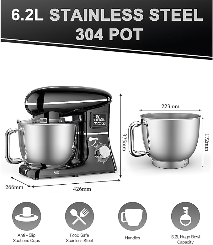 Electric Stand Mixer with LED Display & Timer 6.5QT Bowl Stainless Steel, 1350W 6-Speeds Kitchen Stand Up Mixer for Baking Cakes Cookie Bread Salad Food with Egg Whisk, Dough Hook, Beater
