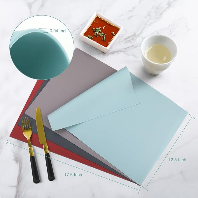 IYYI Silicone Placemats, Dining Placemats Set of 4, Waterproof Placemats for Kids, Non-Slip Silicone Mats for Dinner Table, Heat Resistant & Dishwasher Safe (Light Gray, 17.6" ×12.5")