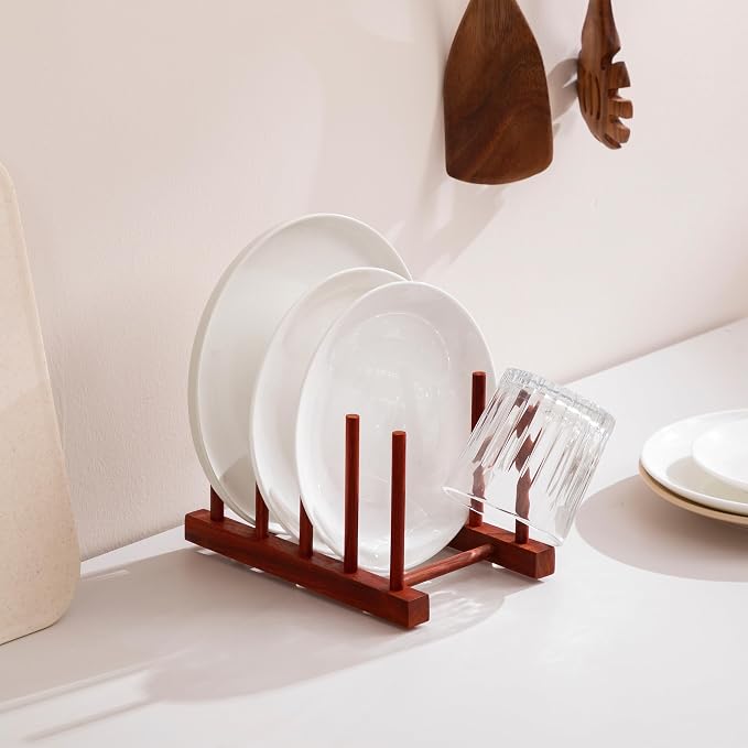 HBlife 4 Packs Rosewood Wooden Dish Drying Rack Plate Organizer for Cabinet | 4 Slots, Home and Kitchen Organizer, For Cups, Bowls, Pots, Lids, Cutting Boards & Plates, Space-Saving for Cabinets Counters