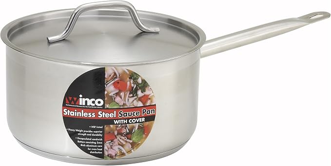 Winco 2 qt Stainless Steel Sauce Pan with Lid and Cover | Even heat distribution, Secure riveted handle, Great for Cooking, Food Preparation and Restaurant Kitchens