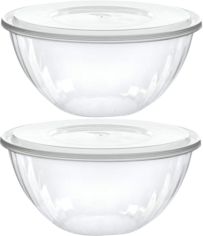 PLASTICPRO Disposable 48 Ounce Round Crystal Clear Bowls with Lids Pack of 2 Sets