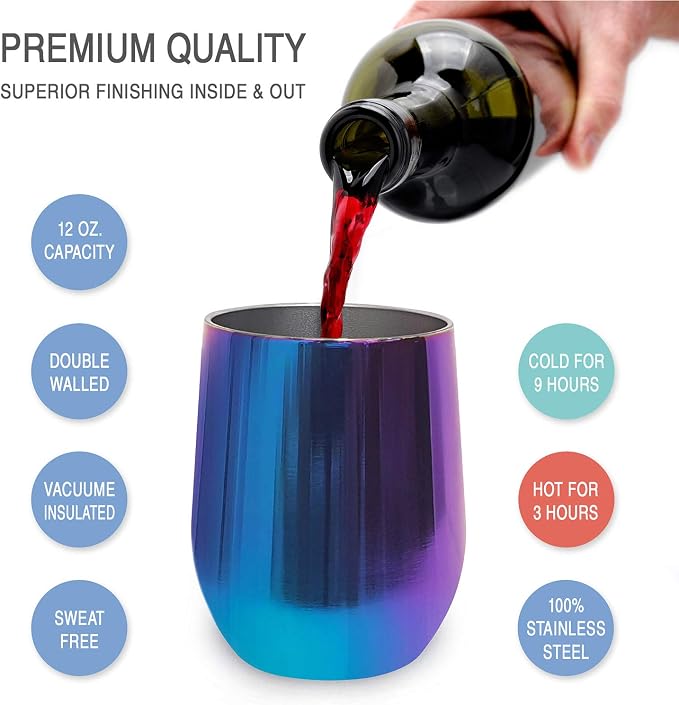 CHILLOUT LIFE 12 oz Stainless Steel Wine Tumbler with Lid - Double Wall Vacuum Insulated Wine Cup Glass Keeping Cold & Hot for Coffee, Champagne, Cocktails, Ice Cream - Dishwasher Safe Color