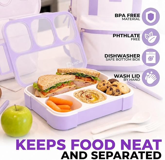 kinsho Bento Lunch Box for Kids Women Adults Girls School Work | Snack Containers for Toddlers Tweens | 4 Divided Sections for Portion Control includes Utensils BPA Free | Purple