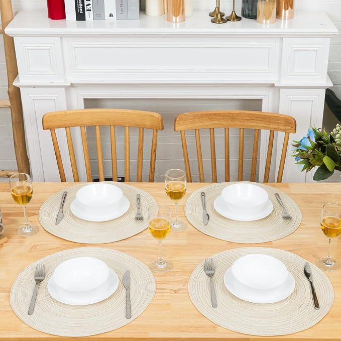 Winknowl Round Braided Placemats Set of 6 Washable Woven Heat Resistant Table Mats for Kitchen Dining Tables 15 inch Round Place Mats (Ivory,6)