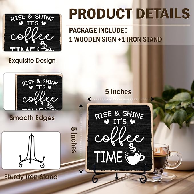 Farmhouse Coffee Bar Decor, 5"x5" Coffee Bar Sign | Rise & Shine It's Coffee Time Wood Plaque with Stand | Rustic Gift for Home Kitchen Tabletop Desk - A01