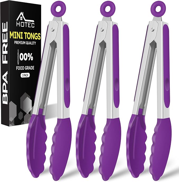 Hotec Mini Silicone Kitchen Tongs for Cooking - 7-Inch Small Serving Tongs with Silicone Tips, Set of 3 (Purple)