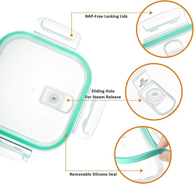 YEBODA Square Glass Containers with Lids for Food Storage, 28 oz, 4 Pack | Borosilicate glass meal prep set with 4-lock lids for sandwiches, lunches, leftovers, refrigerator and freezer storage
