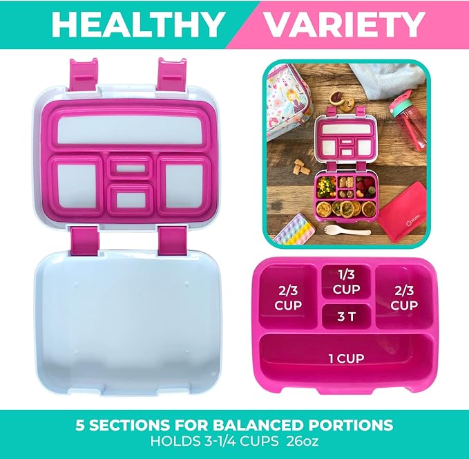 kinsho Bento Lunch Box Set with Thermo, Bag & Ice Pack, Pink Fairy Princess | 5 Compartments, Removable Tray, Small Meal Snack Container Girls Toddlers, Daycare Pre-School Kindergarten, Steel Food Jar