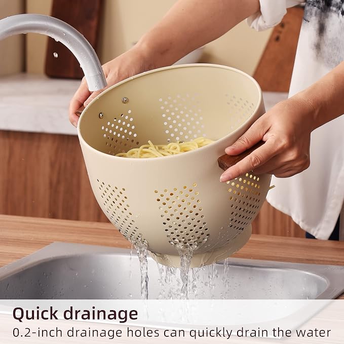 BeFare Metal Colander with Wood Handle and Stable Base, Powder Coated Steel Kitchen Strainer Basket for Draining Pasta, Vegetable and fruit (3quart,Sandyellow)
