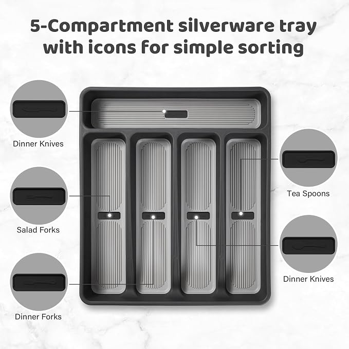 5-Compartment Silverware Organizer Tray with Icons for Kitchen Drawer | Non-slip TPR Linings，5-Compartment，High-quality Plastic，Fits Well In Standard Drawers，With Cutlery Icons