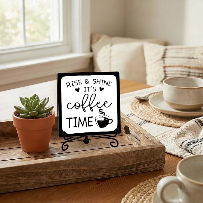 Minimalism Coffee Bar Decor, 5"x5" Coffee Bar Sign | Rise & Shine It's Coffee Time Wood Plaque with Stand | Rustic Gift for Home Kitchen Tabletop Desk - A06