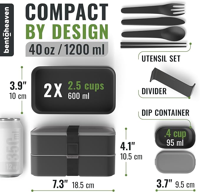 Bentoheaven Bento Box Adult, Stackable Lunch Box, 40 oz, Whispering Gray | BPA-free, leakproof and microwave-safe with 2 compartments, utensils, chopsticks, divider and sauce cup for men and women.