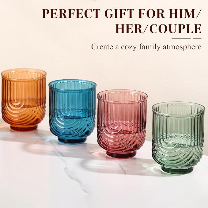 Colored Vintage Drinking Glasses Set of 6-15oz Hand-Blown Highball Ribbed Glassware, Arch Design Cocktail Glasses for Whiskey Water Beverages Ice Coffee Juice Milk