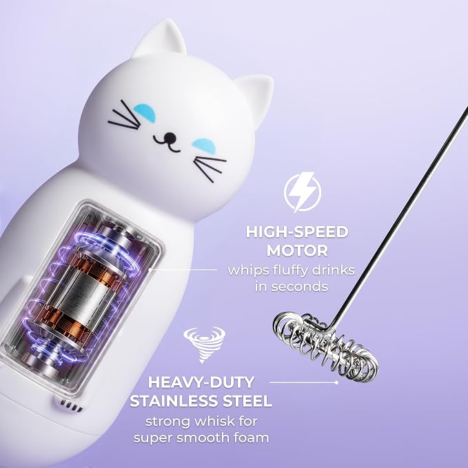 Zulay Kitchen Cat Milk Frother Wand – Cutesy Frother, Meet Your New Frothing Buddy Luna The Cat, Adoption Papers and Stickers Included, Purrr-fect for Lattes, Cappuccino & Matcha – White