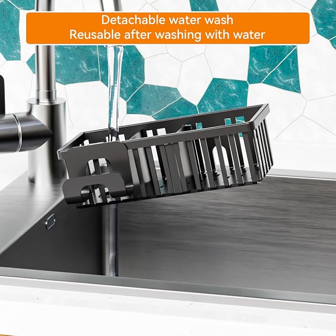 Black In Sink Sponge Holder for Kitchen Sink Organizer,3-In-1 In Sink Caddy with Suction Cups,Plastic Scrub Brush and Sink Ccrub Holder,New Home Must Haves Sponge Caddy,Dish Soap Rack,Dispenser