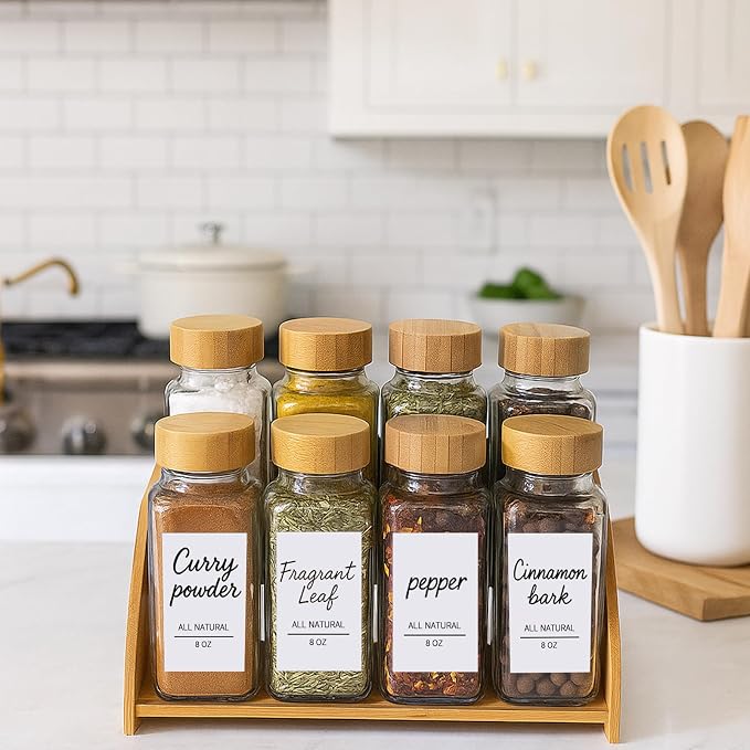 8Oz 8Pcs Glass Spice Jars with Label, Seasoning Containers, Spice Containers with Bamboo Lids & Pen, Empty Spice Bottles for Salt, Herbs, Sugar, Pepper (Natural Wood Color)