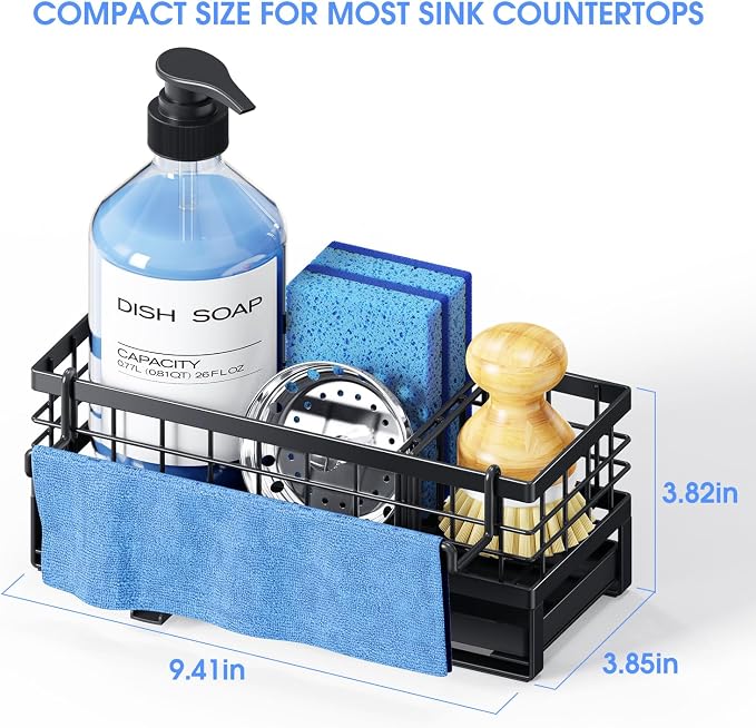 Metal Kitchen Sink Sponge Holder, Countertop Sink Caddy, Black | Rustproof Kitchen Caddy Sink Organizer, Non-Slip Sponge Caddy with 360° Self-Draining Tray, Detachable Dish Cloth Holder