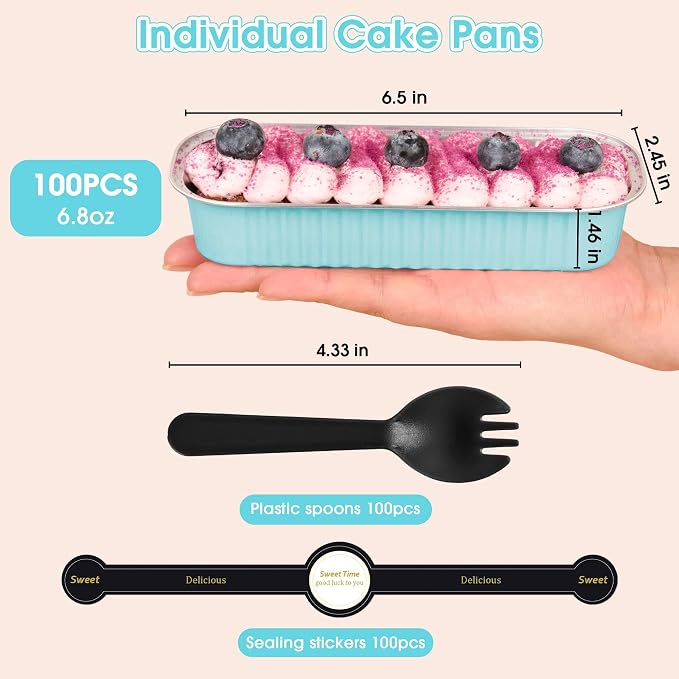 100 Pack Mini Cake Pans with Lids and Spoons, Disposable Aluminum Foil Cake Tins（6.8oz） Individual Small Cake Baking Containers for Party, Wedding, Birthday