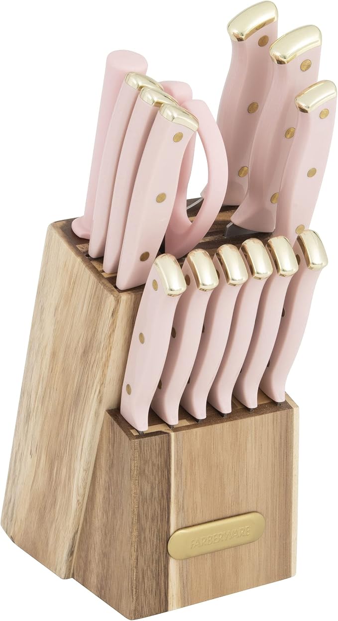 Farberware 15-Piece Knife Block Set with Black Soft-Grip Handles and Graphite Block - Kitchen Knife Set with Chef Knife, Steak Knives, Shears and Sharpening Steel