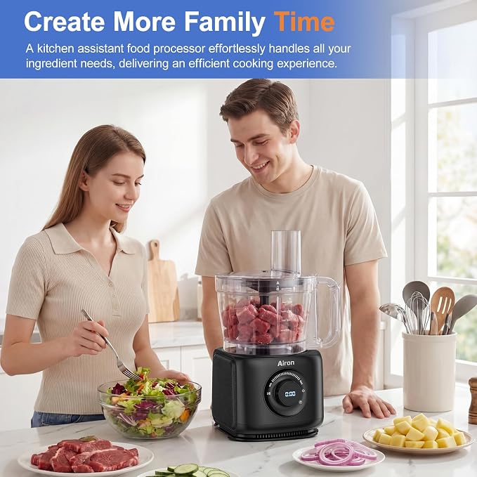7-in-1 Professional Food Processor, 1000W Powerful Electric Vegetable Chopper, 14-Cup XL Bowl, Large Feed Chute, Cheese Shredding, Meat Chopping, Shredding and Slicing, Mixing and Doughing, Black