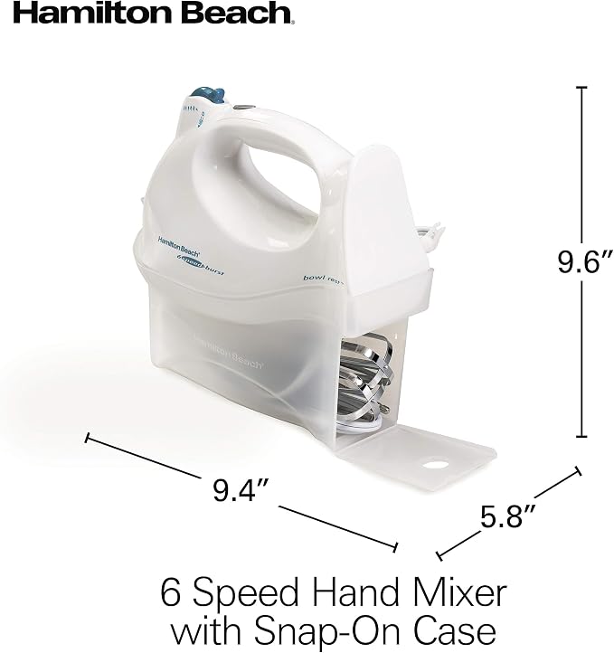 Hamilton Beach Power Deluxe 6-Speed Electric Hand Mixer With QuickBurst | Powerful 250 Watt Motor | Traditional Beaters | Whisk | Snap-On Storage Case | Bowl Rest | White | 62695V