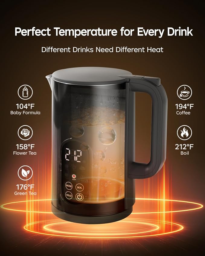 1.7L Stainless Steel Electric Kettle with Temperature Control–Black | 5 Preset Temperatures for Tea & Boiling Water, 2H Keep Warm, 1200W BOIL Mode, 304 Stainless Steel Interior, Cordless Base